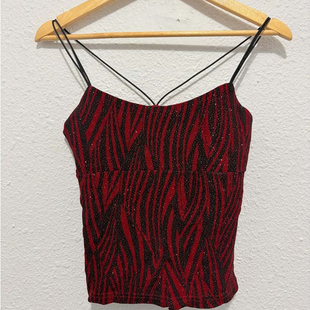 y2k red zebra stripe cami tank top sparkly whimsygoth glam vintage made in usa